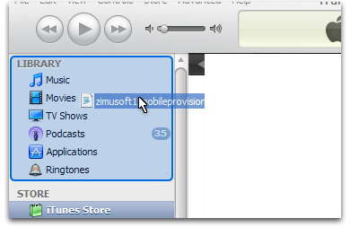 Drag the .mobileprovision file on to the iTunes Library